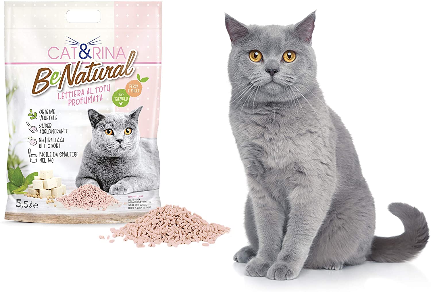 3x5,5L Cat&rina BeNatural - Lettiera da WC al Tofu - Profumo Pesca 3x5,5L Cat&rina BeNatural - Lettiera da WC al Tofu - Profumo Pesca